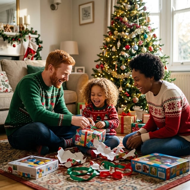 AI Christmas photo of the fictional family: Christmas morning
