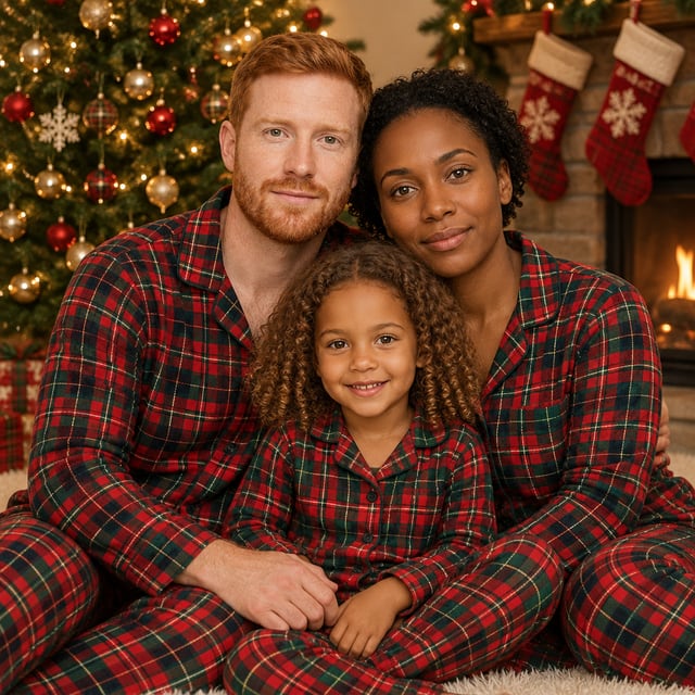 AI Christmas photo of the fictional family: Christmas pajamas