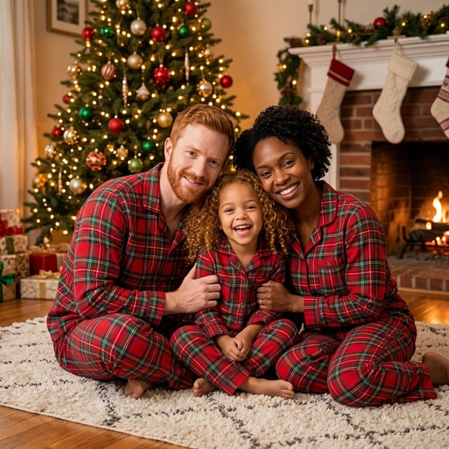 AI Christmas photo of the fictional family: Christmas pajamas
