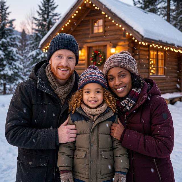 AI Christmas photo of the fictional family: Snowy evening