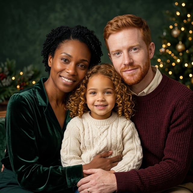 AI Christmas photo of the fictional family: Studio portrait