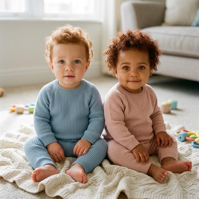 AI twins, a boy and a girl, sitting on a blanket